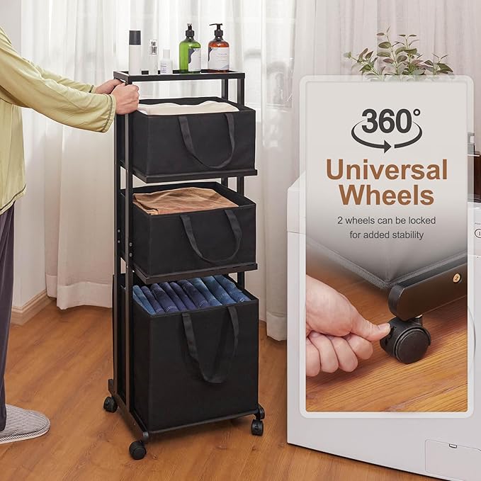 Homde Laundry Basket 3 Tier Bamboo Storage Shelf with Wheels Removable Storage Basket with Handle Freestanding Clothes Hamper Organizer for Bathroom Living Room Bedroom (Black)