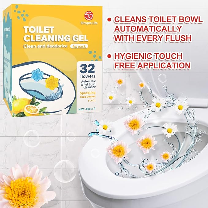 Simple Life Toilet Gel Stamp – Fresh Flower Scent, Anti-Limescale Toilet Cleaner Gel, Deodorizing & Long-Lasting Freshness, 64 Stamps, Blue & Yellow