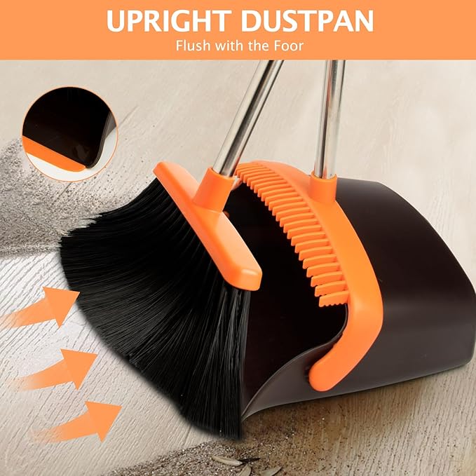 2-Pack Broom and Dustpan Set with Long Handle, Heavy Dust Broom and Dustpan Combo for Home，Kitchen, Office, Pet Hair (Brown Orange)