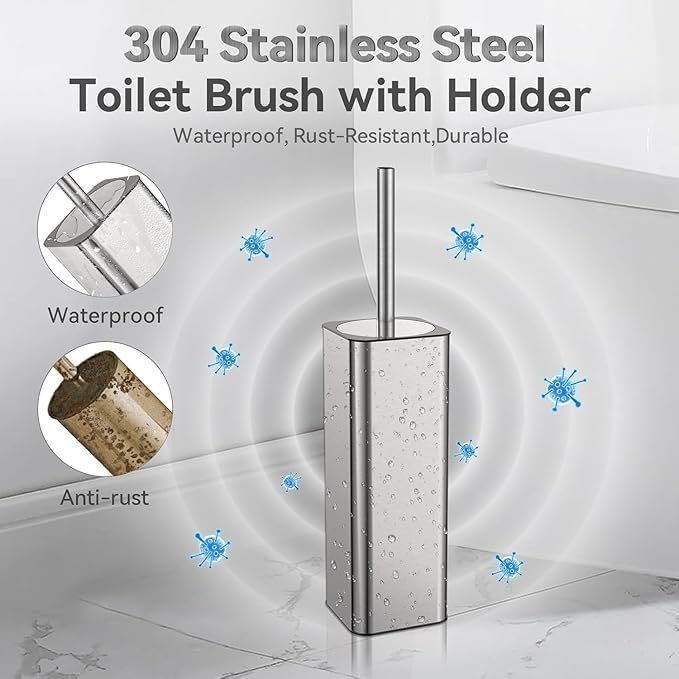 DOWRY Stainless Steel Toilet Bowl Brush and Holder for Bathroom, Deep Cleaning Toilet Brush and Holder Set with Long Handle, Hidden Toilet Bowl Brush with 2 Heads,Modern Decor Nickel Brushed Square