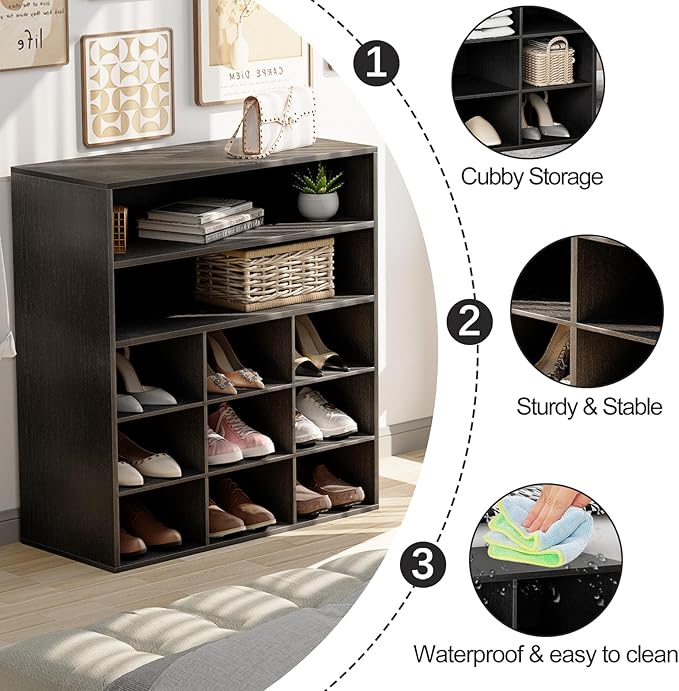 Garden 4 you Shoe Rack Organizer, 5-Tier Wood Cubby Shoe Rack with 2 Storage Shelf and 9 Cubbies, Shoe Organizer Cabinet for Entryway, Hallway, Closet and Garage,Black
