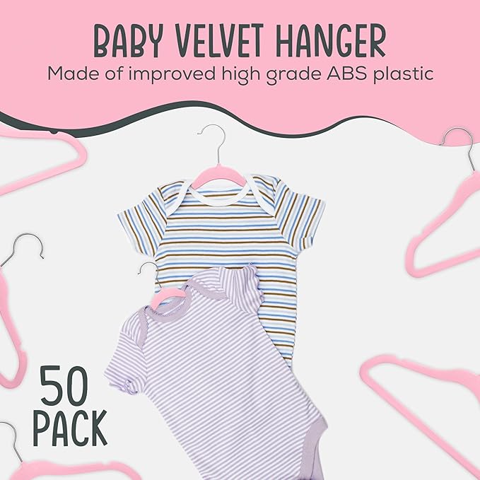 TechZoo 50 Premium Baby Velvet Hangers - 11.8 Inches Non-Slip & Ultra-Slim Baby Hangers for Space-Saving & Children Clothes - 360 Swivel Hook, Strong & Durable Infant & Toddler Clothes Hanger - Pink