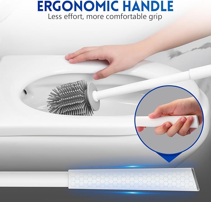 2 Pack Silicone Toilet Brush, Soft Toilet Bowl Cleaner Brush Set for Deep Cleaning. Bathroom Accessories with Long Handle, Wall mountable. - White