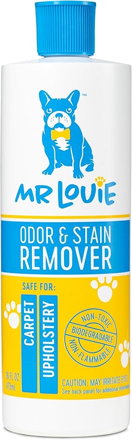 MR LOUIE Stain & Odor Remover for Carpet & Upholstery - Precision Pour No-Spray Cleaner Tough on Dog & Cat Urine, Vomit & Kid Stains - Safe for Kids & Pets (16oz)