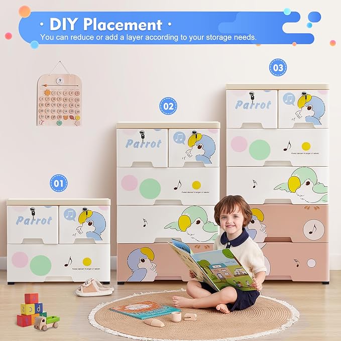 Rolling Parrot Plastic Dresser Storage Cabinet w/Lock, 6 Drawers Plastic Drawers Dresser Closet Drawers Tall Dresser Organizer for Clothes Playroom Bedroom Furniture, Multi-Color