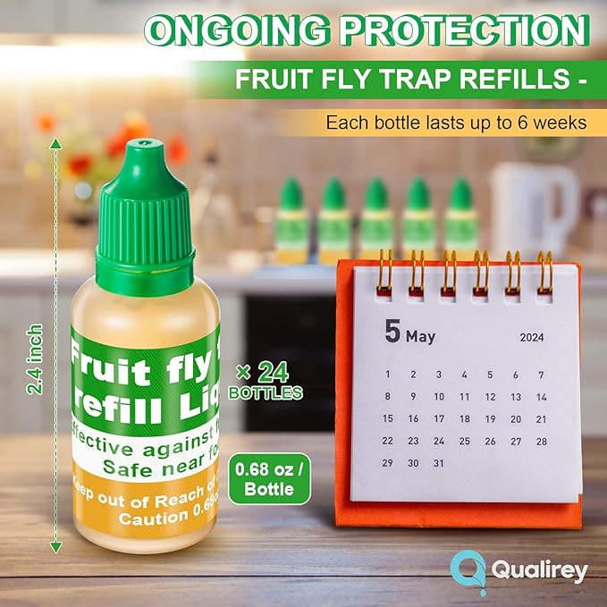 Qualirey 24 Pack Fruit Fly Trap Refill Liquid, 0.68oz Per Bottle Liquid Fruit Fly Traps for Indoors, Non Toxic Bait Safe Near Pets, Food and Kids, Lure Refill for Home Kitchen
