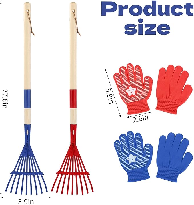 2PCS Garden Tool Rakes with Hardwood Handle and 2 Pairs Gloves, Garden Lawn Rake Leaves Lightweight Cute Rakes with Heads for Fall Garden Tools Gifts