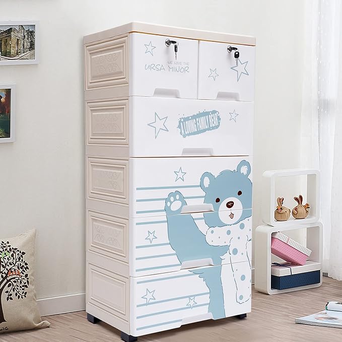 6 Drawer Plastic Storage Tower Cabinet, 5 Layers Polar Bear Closet with 5 Wheels, Closet Drawers Tall Dresser Organizer for Clothes Playroom Bedroom Furniture, Multi-Color