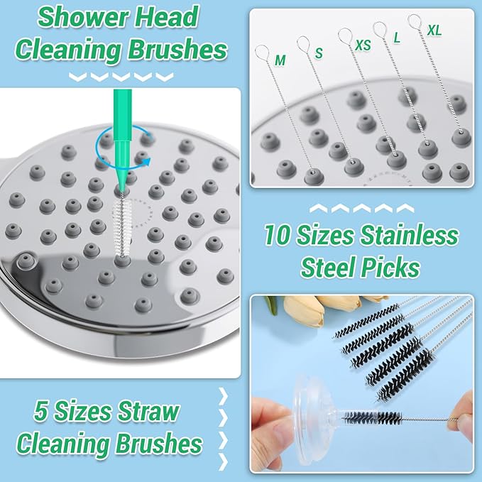 50-in-1 Shower Head & Straw Cleaning Kit - 35 Brushes, 10 Unclogging Needles, 5 Straw Brushes, Shower Head Cleaner Picks Deep Clean Stanley Cups (40/30/20oz), Water Bottles, Faucets, Printers, Green