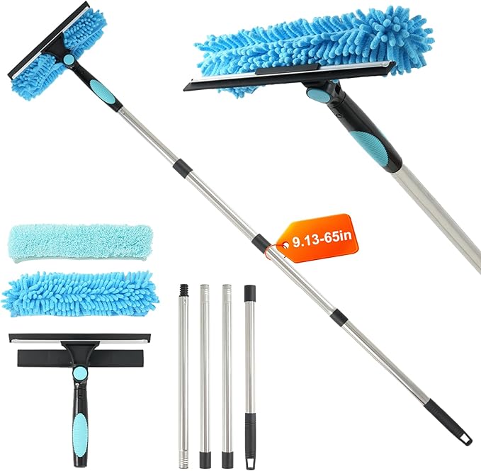 65'' Window Washing Kit with Extension Pole, 2-in-1 Window Cleaning Kit with Scrubber and Rotating Head, Window Cleaner Tool for Shower Rooms, Glass, Floors, Tiles, Walls, Car Windshields