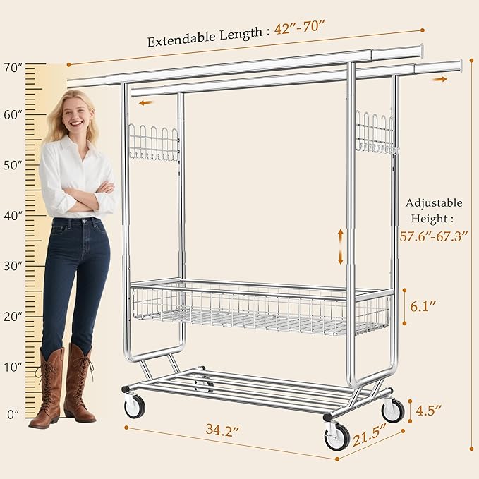 Gewudraw Heavy Duty Clothes Rack with Metal Basket, 1060 LBS Rolling Double Rod Garment Rack, Portable Extendable Clothing Rack with Wheel for Bedroom, Laundry Room & Retail Store