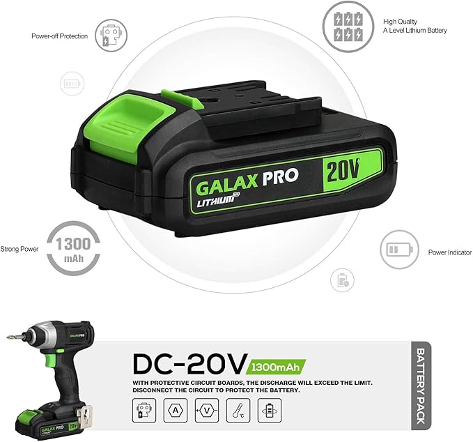 GALAX PRO Impact Driver 20 V Lithium Ion 1/4" Hex Cordless Driver with LED Work Light, 6 Pieces Screwdriver Bits, Variable Speed (0-2800 RPM)- 1.3 Ah Battery and Charger Included