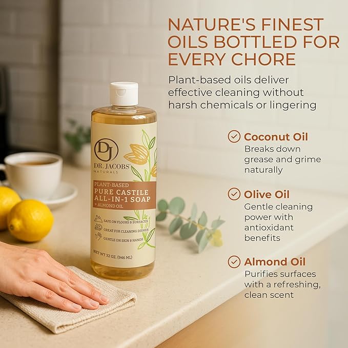 Dr. Jacobs Naturals Almond Castile All-in-One Cleaner and Soap - Plant-Based Formula for House Cleaning Floors and Appliances - Gentle on Skin and the Planet - 32 oz, 2 Pack
