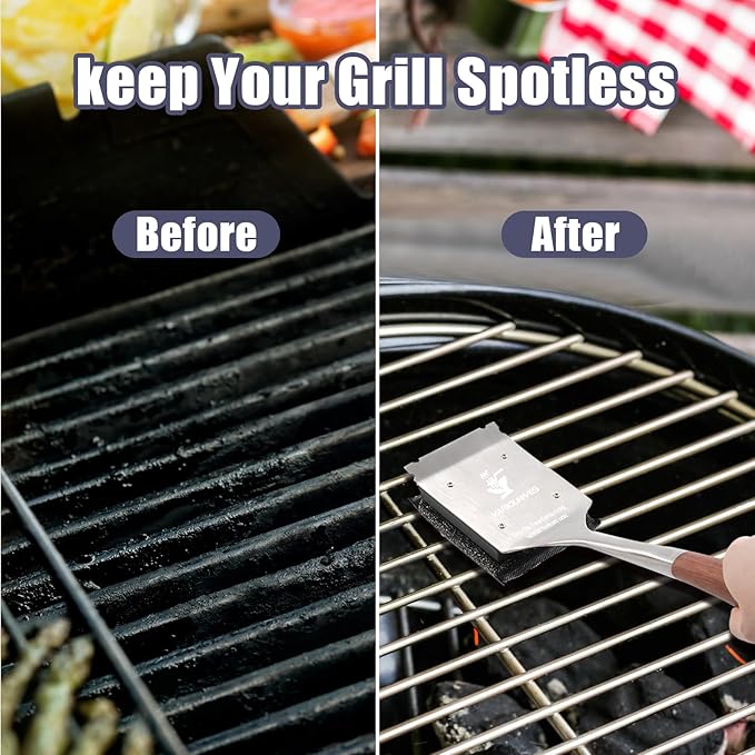 Bristle-Free Grill Brush with Steam Cleaning - Heat-Resistant Aramid Fiber Pad & 1 Replaceable Head 16 Inch Long Wood Handle- Safe for All Types Grills,Ideal Gift for Dads