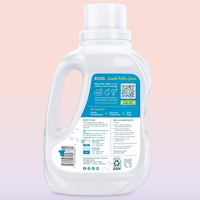 ECOS Laundry Detergent Liquid,100 Loads - Dermatologist Tested Laundry Soap - Hypoallergenic,EPA Safer Choice Certified,Plant-Powered - Free & Clear,50 Fl Oz,(Pack of 4)