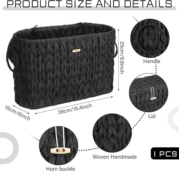 Kathfly Black Toilet Paper Storage Basket with Lid Wicker Woven Bathroom Basket Toilet Paper Holder Holds up to 6 Mega Rolls Woven Organizer for Home Bathroom Kitchen Offices