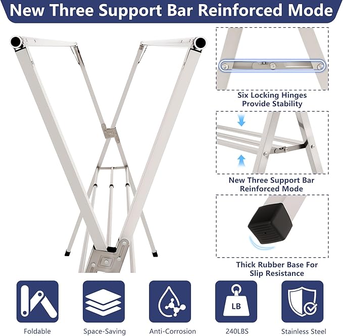 95 inches foldable clothes drying rack, heavy duty stainless steel laundry drying rack for indoor outdoor , clothes rack adjustable length. 3 additional reinforcement bars with 20 windproof hooks