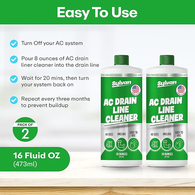 Sylvan AC Drain Line Cleaner | 2x 16 Oz (8 Uses) | 12 Month Supply | Made in USA | Universal Compatibility | Removes Clogs and Buildup from HVAC Condensate Lines | Air Conditioner Unclogger