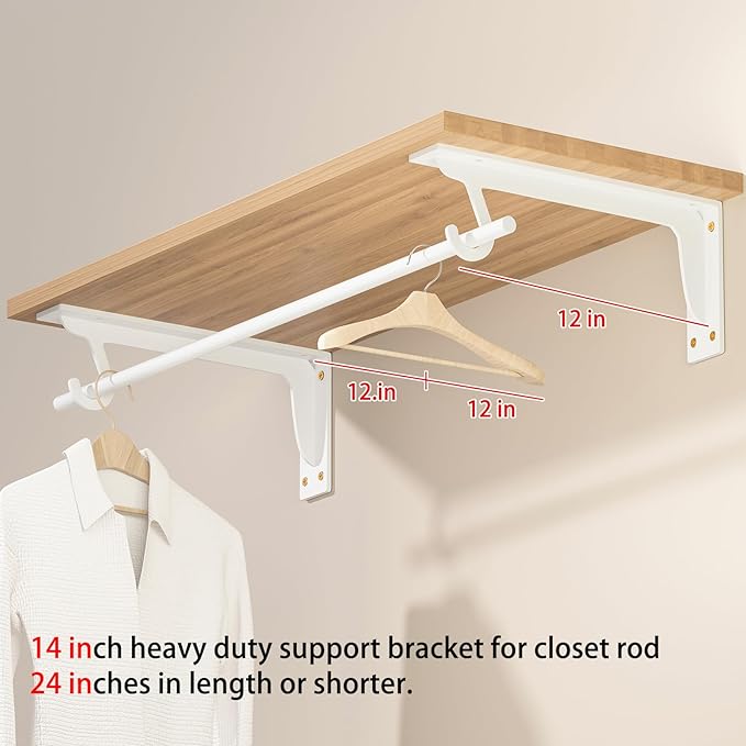 Closet Rod Support Bracket White WYGWP 13.5 inch Heavy Duty Shelf Brackets with Rod Holders Support 400lbs Wall Mounted Sturdy 2 Pack