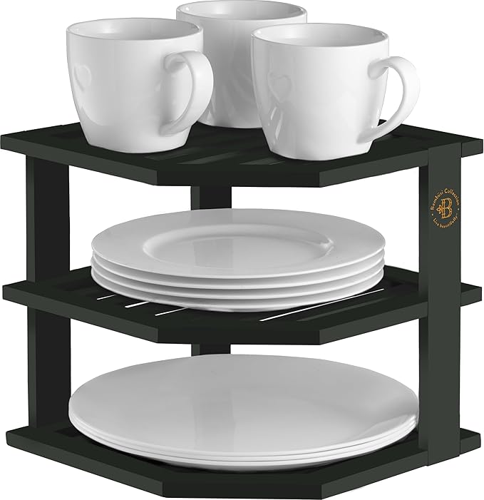 Bambüsi Plate Organizer for Cabinet - Corner Cabinet Organizer and Kitchen Cabinet Organizer Shelf, Kitchen Countertop Organizer for Plates, Dishes and Bowls, Space Saving Corner Rack, Black