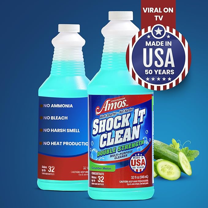 Professor Amos Shock It Clean MultiPurpose Cleaner Double Strength Concentrate All Purpose Carpet, Jewelry, Upholstery, Leather, Stain Remover & Floor Cleaner (Cucumber Melon 32 Oz)