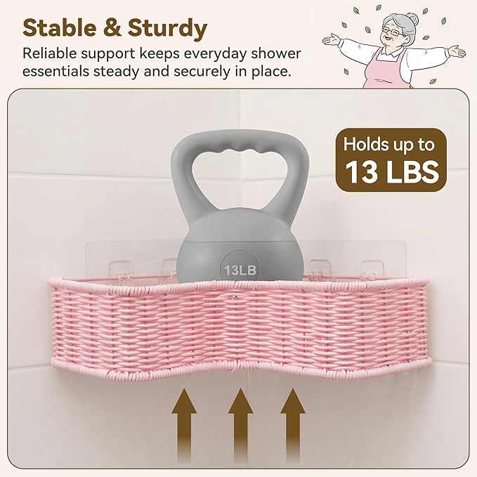 GRANNY SAYS 2 Pack Wicker Corner Shower Caddy Hanging, Shower Shelf for Inside Showers, Adhesive Shelves for Bathroom Organizers and Storage, Bathroom Shelves Wall Mounted with 4 Hooks for Decor, Pink