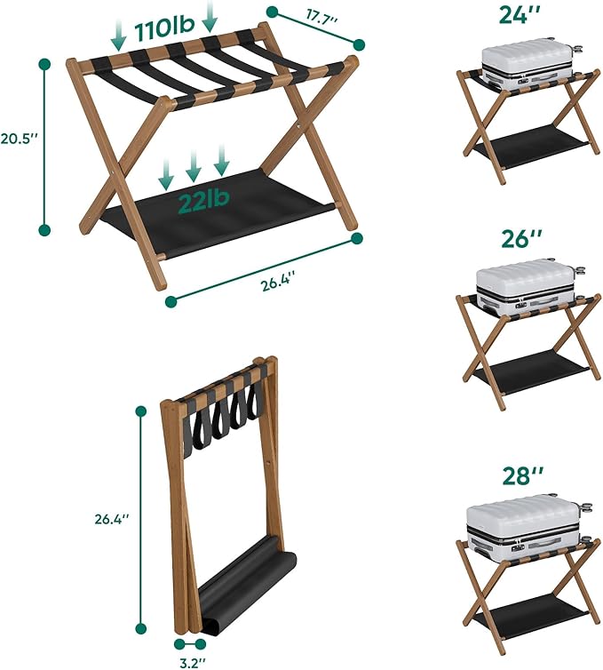 Smuxee Walnut Bamboo Luggage Rack for Guest Room, Foldable Suitcase Stand with Storage Shelf, Easily Assembled Luggage Stand with 5 Nylon Straps for Guest Room Bedroom Hotel