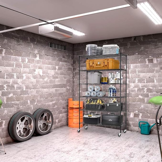 FDW | 6-Tier Wire Storage Shelves with Wheels | 45"x18"x82" | Black | Adjustable Racks | Heavy-Duty Metal Shelf, Holds Upto 2100 lbs | Tool-Free Assembly, Rust-Resistant | for Home & Garage Shelving