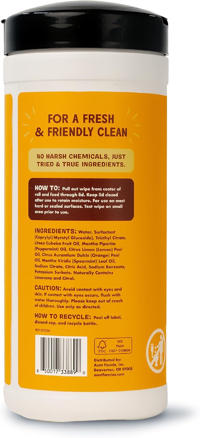 Aunt Fannie's Wood Surface Cleaning Wipes, Multipurpose Wood Surface Cleaner for Cabinets, Furniture, and Wood Floors, Lemon Scent, 35 Count (Pack of 1)