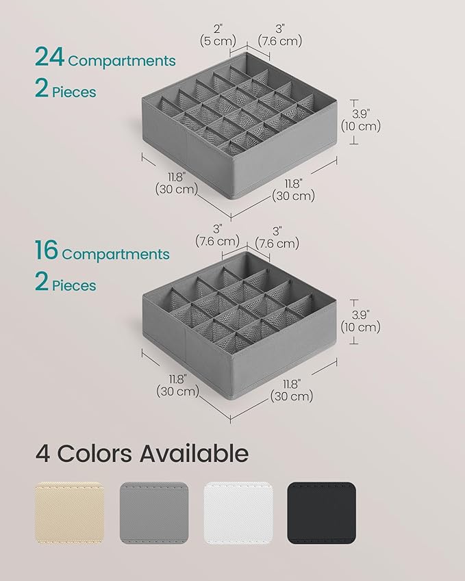 SONGMICS Set of 4 Drawer Organizers, Closet Organizers for Underwear, 80 Cells, Foldable Sock Holders, 11.8 x 11.8 x 3.9 Inches, for Storing Socks, Ties, Belts, Dove Gray URUS011G01