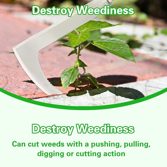 Qivine Weed Remover Tool, 5.25ft Adjustable Ergonomic Handle Weed Brush, 2-in-1 Brass Bristles & Steel Weeding Sickle for Sidewalk Cracks, Driveways, Patios, Gardens (Weed Remover Tool)