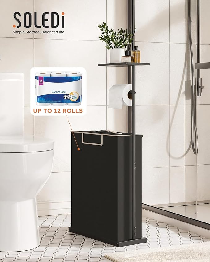 30" H Toilet Paper Holder Stand with Storage for Up to 12 Rolls,Rustproof Free Standing Toilet Paper Stand with Shelf,All-in-One Toilet Tissue Roll Dispenser and Organizer with a Basket,Black