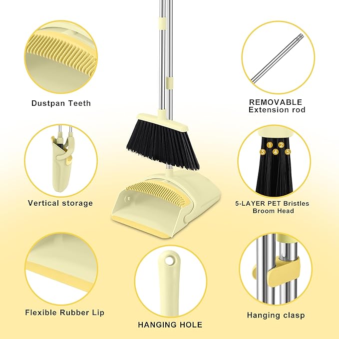 Broom and Dustpan Set House Brooms for Sweeping Indoor Collapsible Broom and Dust Pan Combo for Home Office Kitchen Lobby Floor Pet Hair (Small-Yellow)