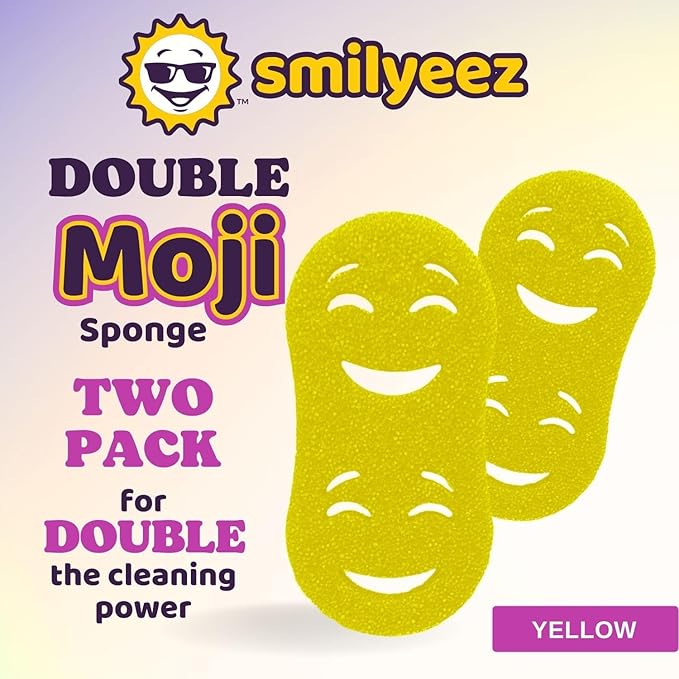 Smilyeez Double-Size Scrub Moji Sponge 2-Pack – Dual Smiling Faces, Temperature-Responsive Scrubber – Scratch-Free, Odor & Stain Resistant – Yellow