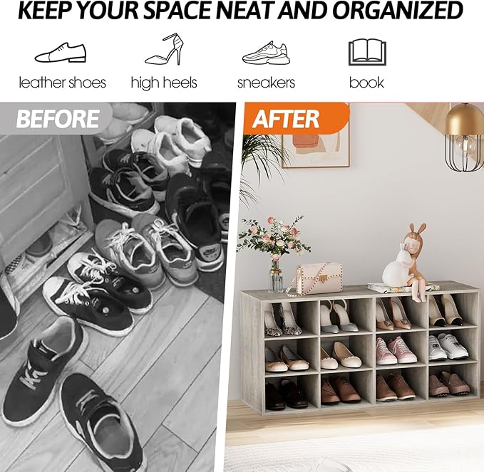 Garden 4 you Shoe Storage Bench, Cubby Shoe Rack with 12 Cubbies, 3-Tier Wood Shoe Rack Organizer, Shoe Organizer Cabinet for Entryway, Hallway, Closet and Garage, Grey