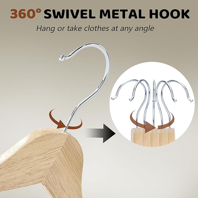 Edergoo Wooden Hangers 20 Pack, Durable Wood Hangers with 360° Swivel Hook & Notches, Slim Coat Hanger Wooden for Closet, Natural