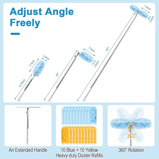 6 ft Extendable Duster Handle with 20 Refills, Duster with Extension Pole, Disposable Microfiber Dusting Pads for Home Cleaning,High Ceiling, Fan, Window, Hard-to-Reach Areas