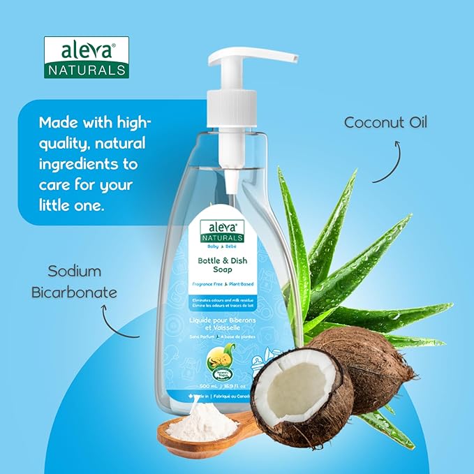 Aleva Naturals Hypoallergenic Bottle and Dishwash Liquid, Plant-Based & Fragrance-Free Formula, Dish Soap to Clean Baby Feeding Cups, Breast Pumps - 500 ml, 16.91 Fl Oz