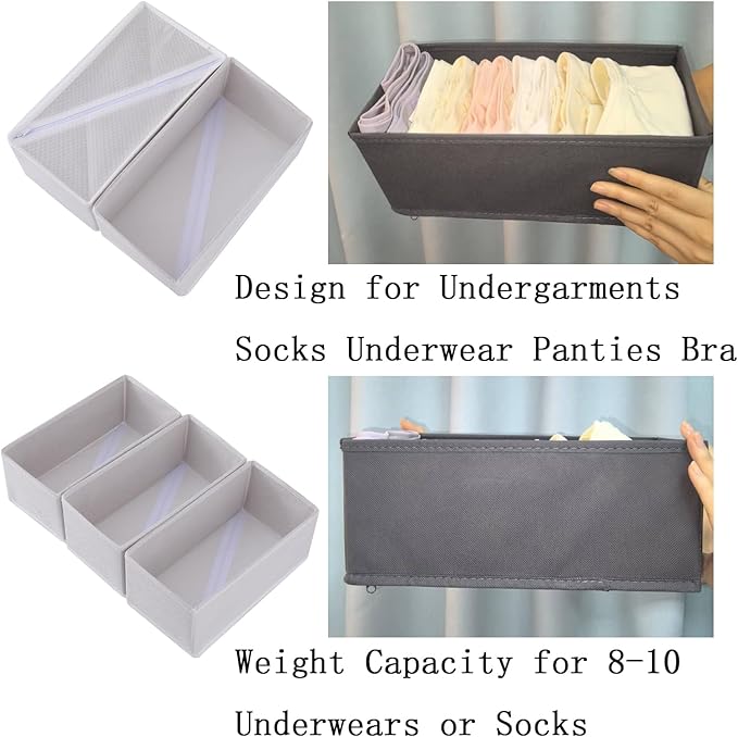 Bructhun Sock Drawer Organizer 3 Pack - Collapsible Fabric Storage Bins for Underwear Divider, Small Closet Organizers with 3 Compartments, Raw White