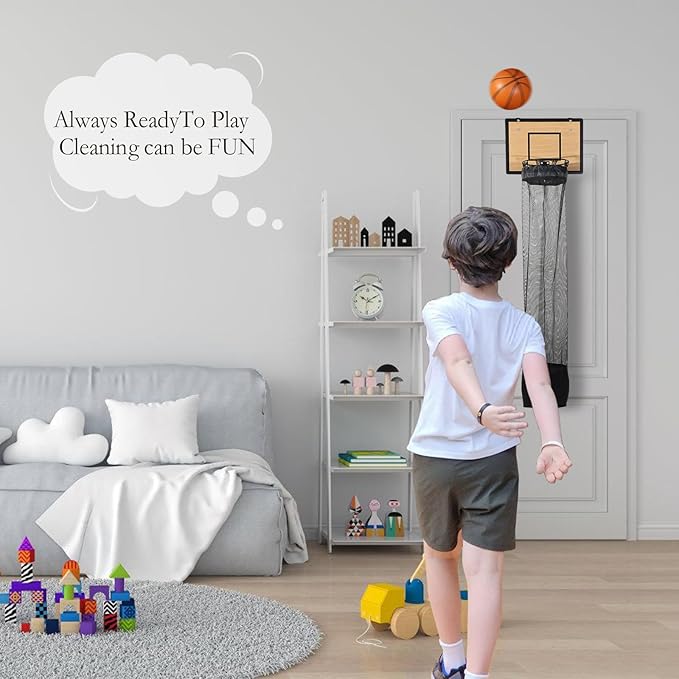 Over the Door Basketball Hoop Laundry Basket ,Wooden Basketball Laundry Hamper with Zipper for Kids Room,Dorm Rooms,Bathroom,Saving Space Storage and Organization