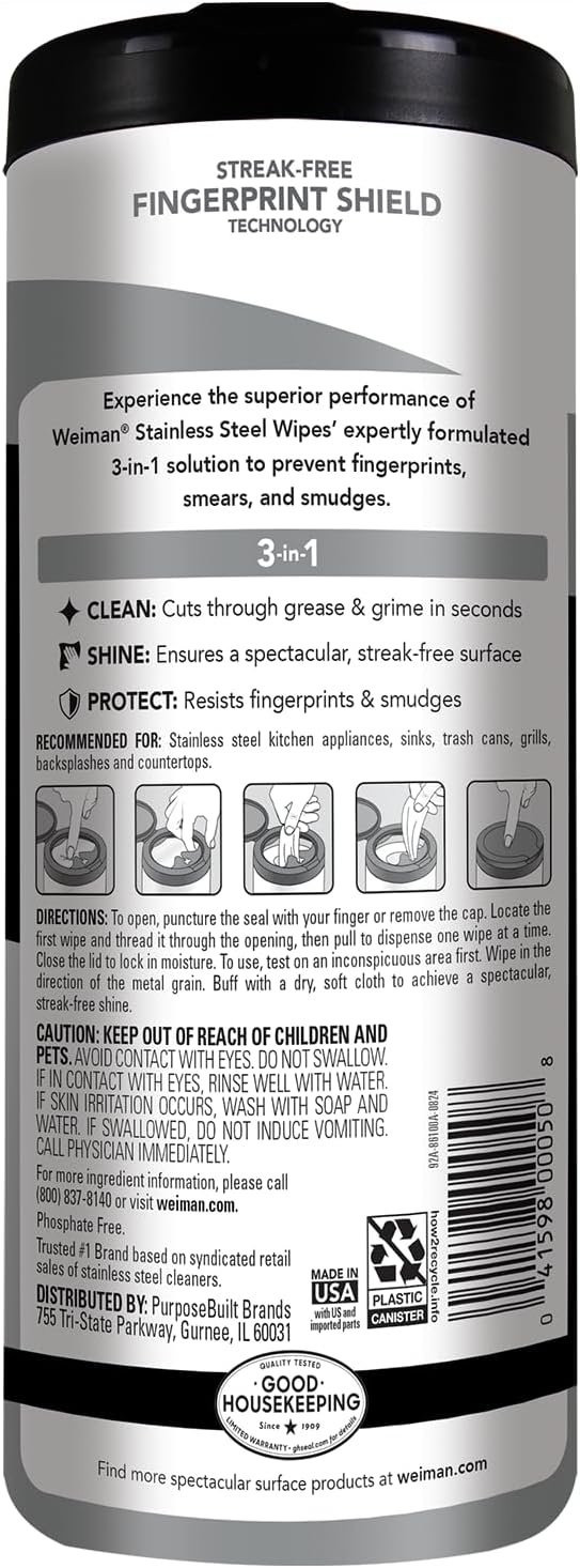 Weiman Stainless Steel Cleaner & Polish Kit, 1 Wipes & Cloth, Anti-Fingerprint, Removes Grease, Water Spots, Streaks & Residue, Polishing Cleaner Safe for Appliances, Chrome, Sinks & Grill Exteriors