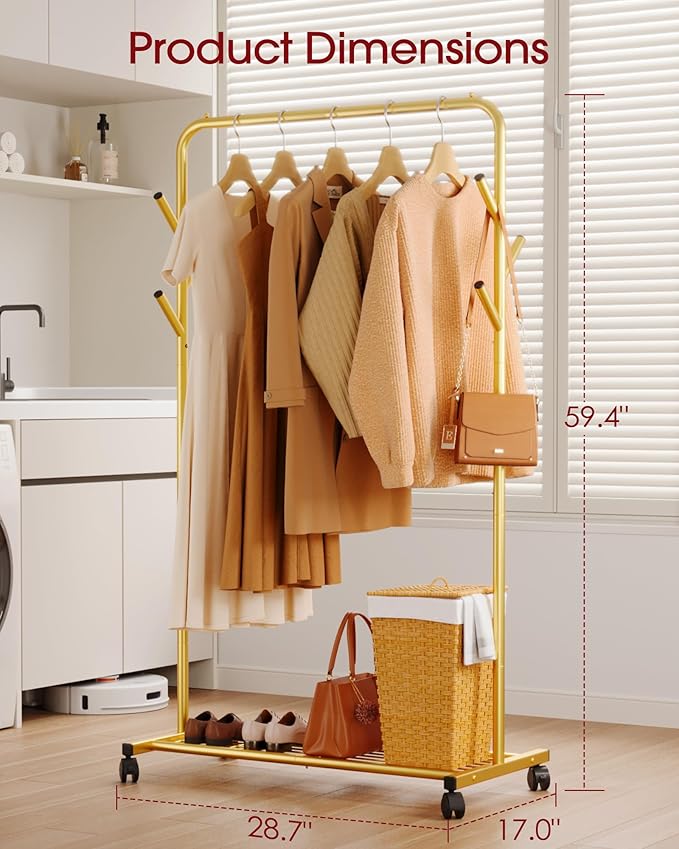 Sakugi Clothes Rack - Metal Coat Rack with Bottom Shelf, Portable Wardrobe Rack with 6 Side Rods, Rolling Clothing Rack for Hanging Clothes for Bedroom or Laundry Room (Gold, 28.7 x 17 x 59.4)