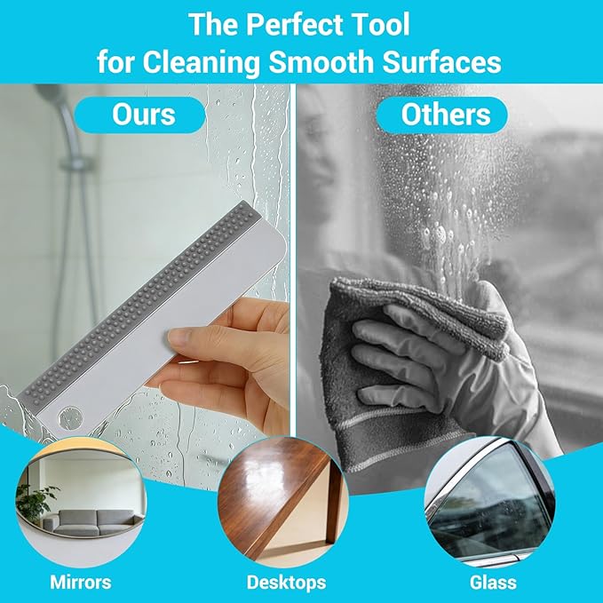 2 Pcs Glass Squeegees, Mini Soft Rubber Window Squeegee, All-Purpose Windshield Squeegee & Mirror Squeegees for Kitchen, Bathroom, Shower, Car (Gray & Blue)