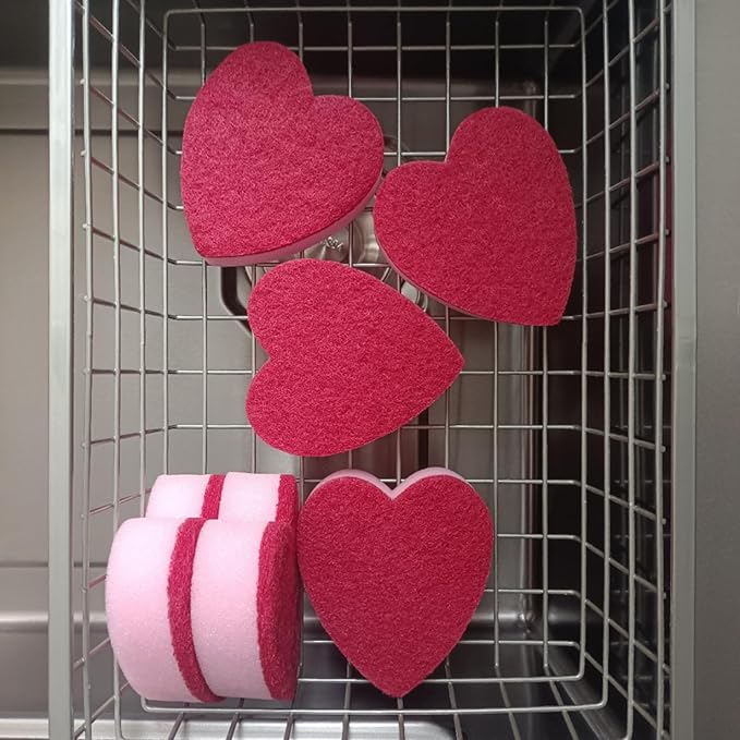 Heart Shaped Sponge, Dual-Sided Kitchen Scrubber for Washing Dishes, Pots, Pans and General Household Cleaning, Pink (6 Pack)