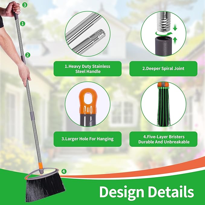Still Bristle Broom to Sweep Snow, Heavy Duty Broom with Collapsible Handle, Ideal for Indoor Outdoor Hardwood Floors Kitchen Salon Camping Cat Pets Hair Home Room Office, Sturdy and Durable, Gray