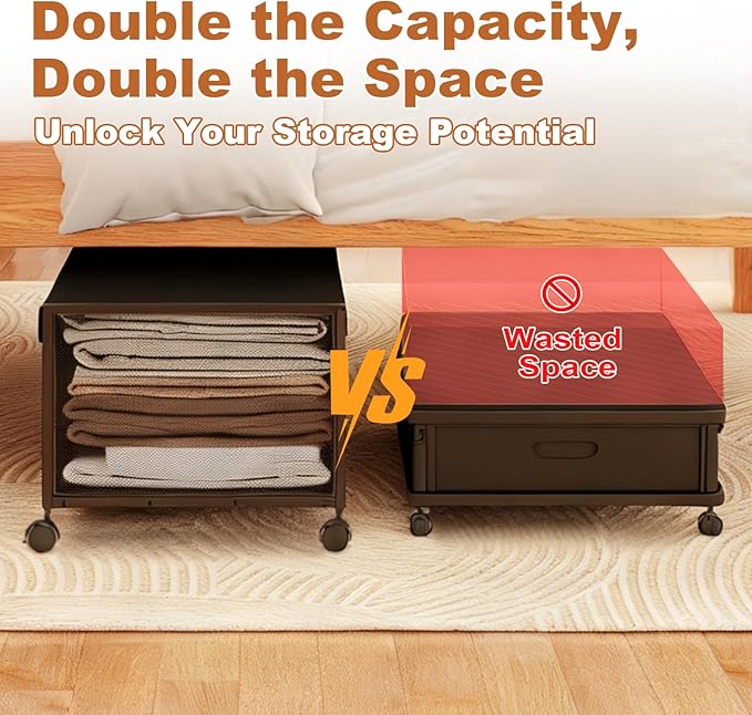 2 Pack Under the Bed Storage Containers,12 inch Height Under Bed Shoe Storage,31inch Long Underbed Storage with Wheels,Large Rolling under bed Clothes Storage Drawers with Lid for Dorm Tall,Black