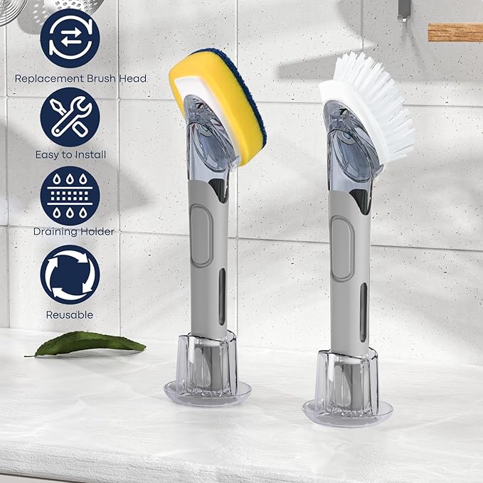 Dish Brush with Soap Dispenser Storage Set with 2 PCS Brush Refills & Holder, Dish Scrubber with Soap Dispenser, Dish Soap Brush, Dish Wand with Soap Dispenser for Dishes, Pans, Sink, Pots(Gray)