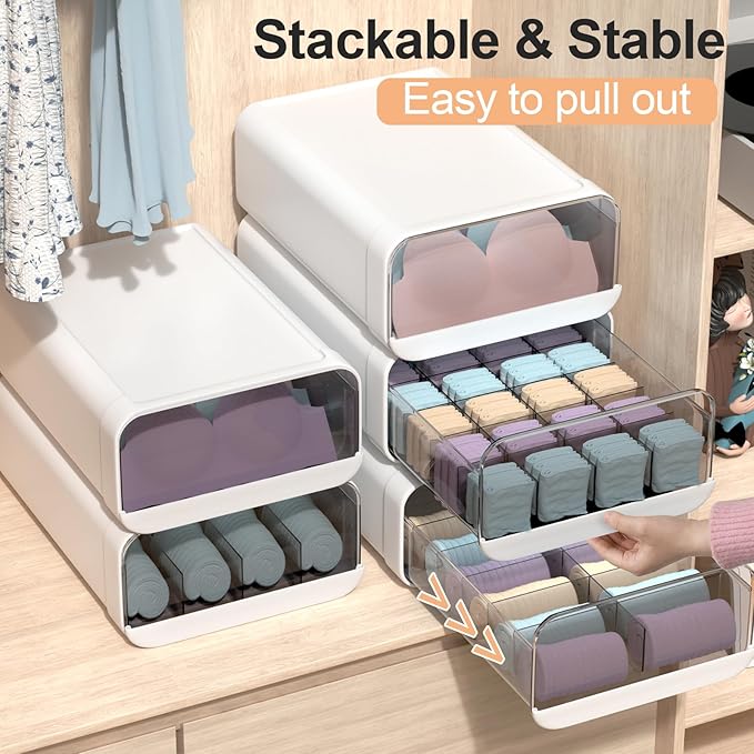 Underwear Organizer Drawer, 24 Cells Plastic Sock Underwear Storage Drawer, Stackable Closet Organizers and Storage Box for Bras, Socks, Scarves, Ties, Belt (King Size-White, 1 Pcs)