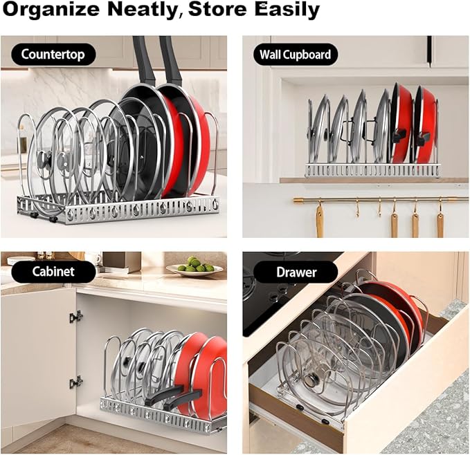 Housolution Pot and Pan Organizer Rack for Cabinet, Pot Lid Organizer with 7 Adjustable Dividers, Pan Holder Storage Rack for Kitchen Cabinet, Silver
