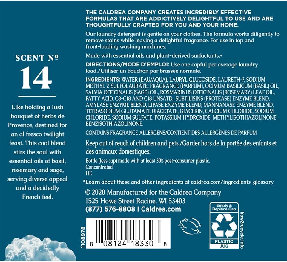 Caldrea Liquid Laundry Detergent, Effective for all Fabrics and all Temperatures, Basil Blue Sage Scent, 64 oz